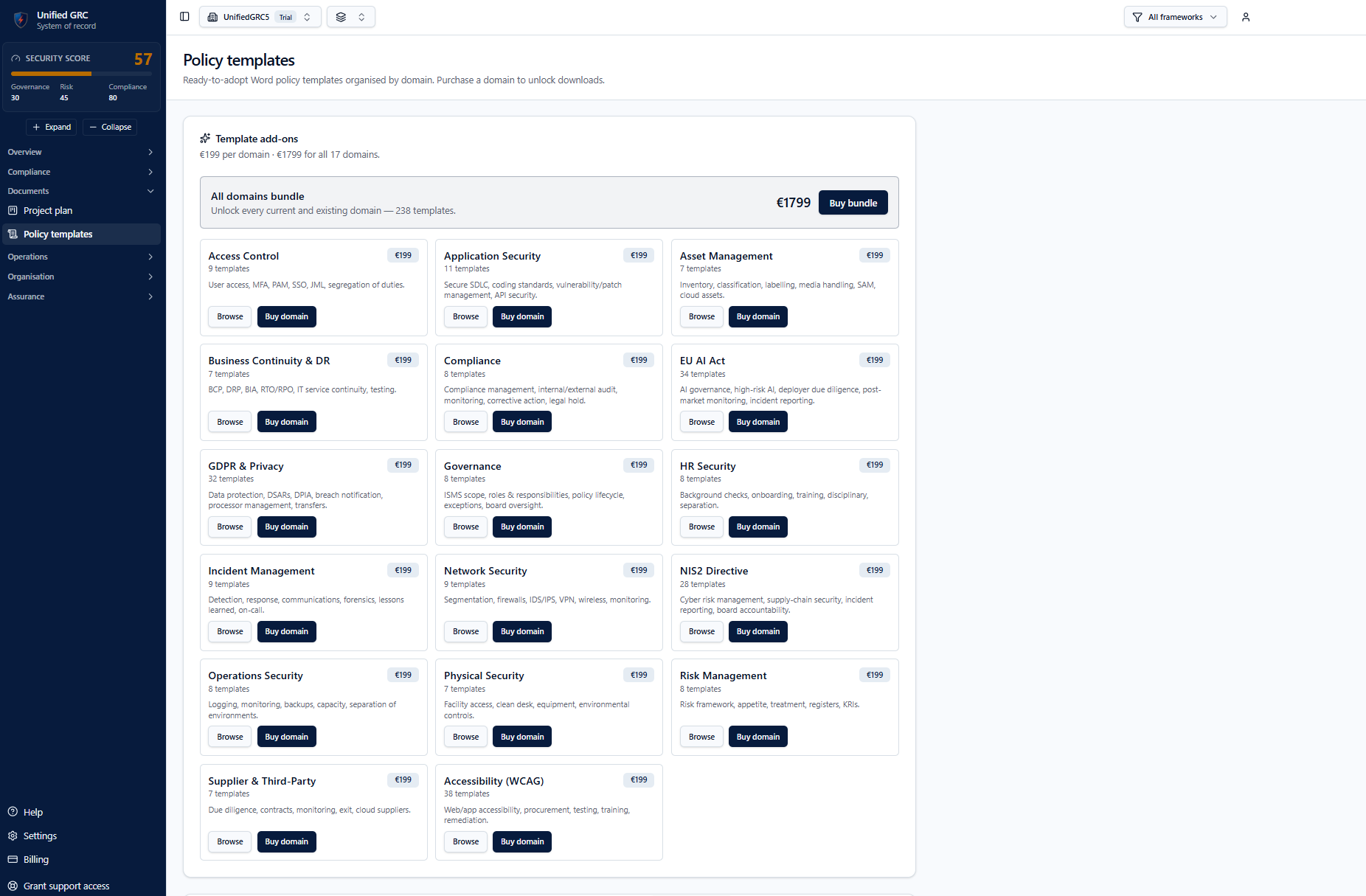 Policy templates organised by domain