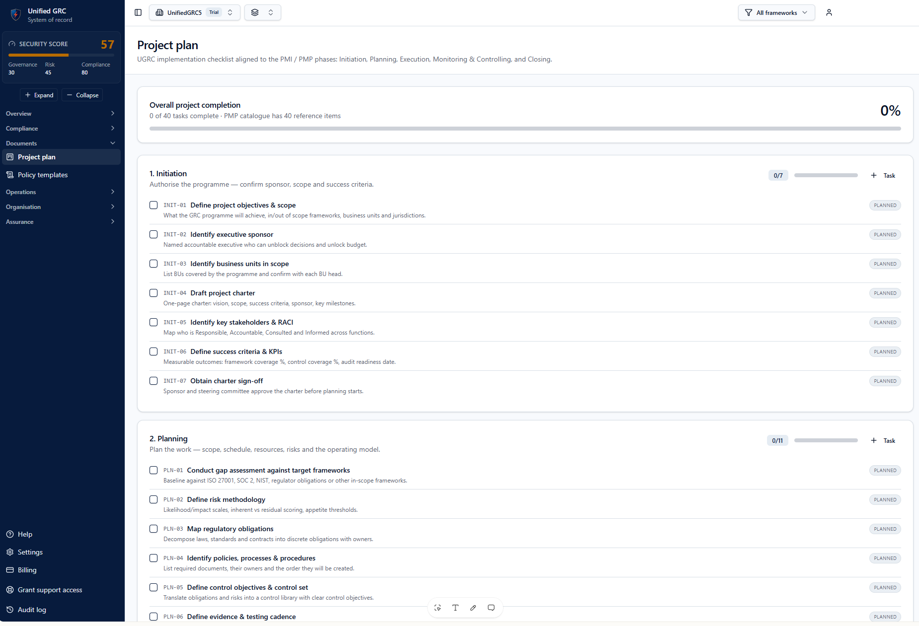 Guided PMP-aligned project plan with Initiation and Planning phases